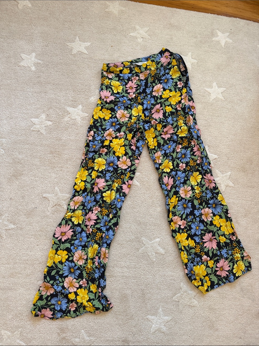 Miss Selfridge Black Floral Wide-Leg Trousers with Yellow, Blue & Pink Blooms